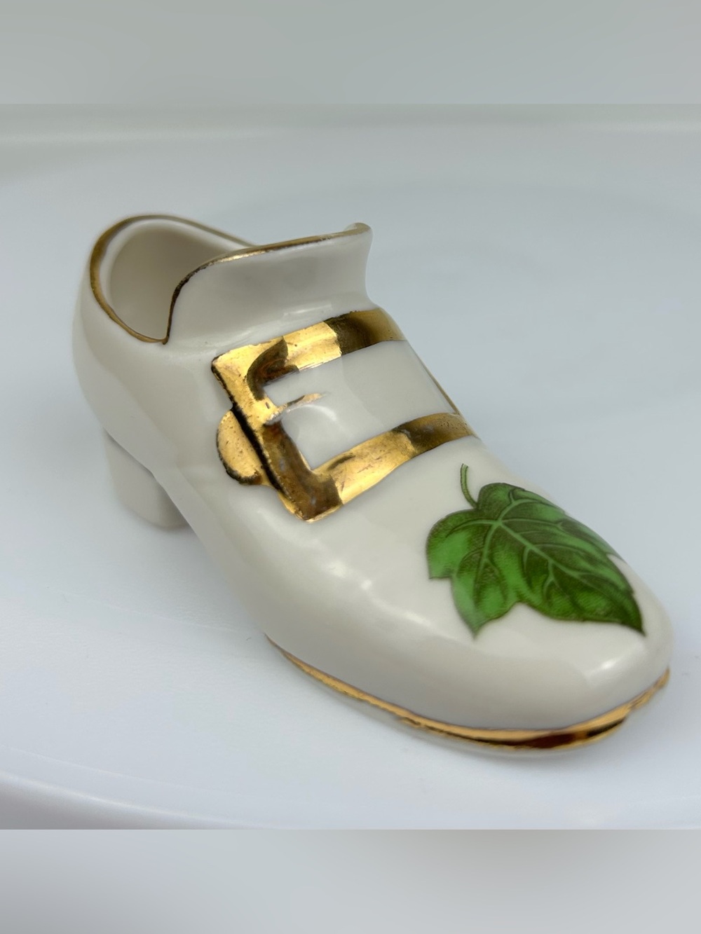 FINAL SALE Vintage Mini Porcelain Shoe Slipper White Gold Green Leaf Figurine 3”